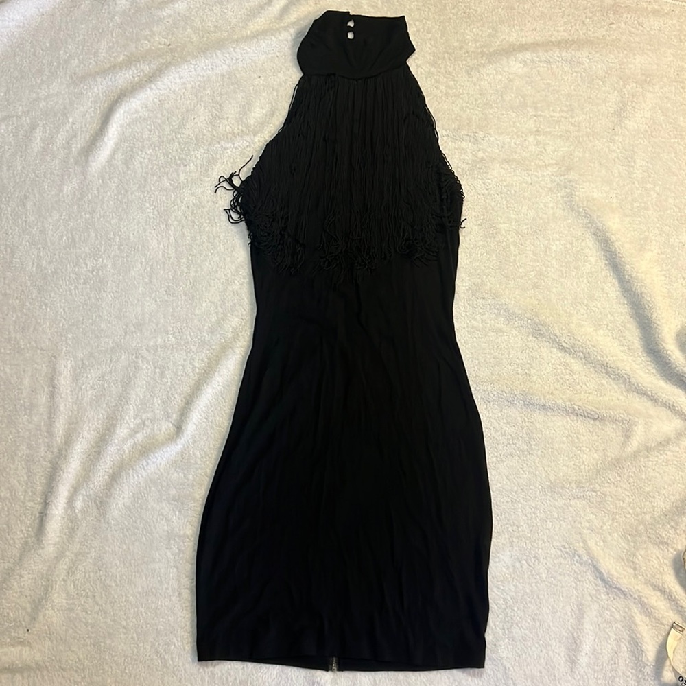 Guess fringe front high neck halter ruched zipper back bodycon mini dress
